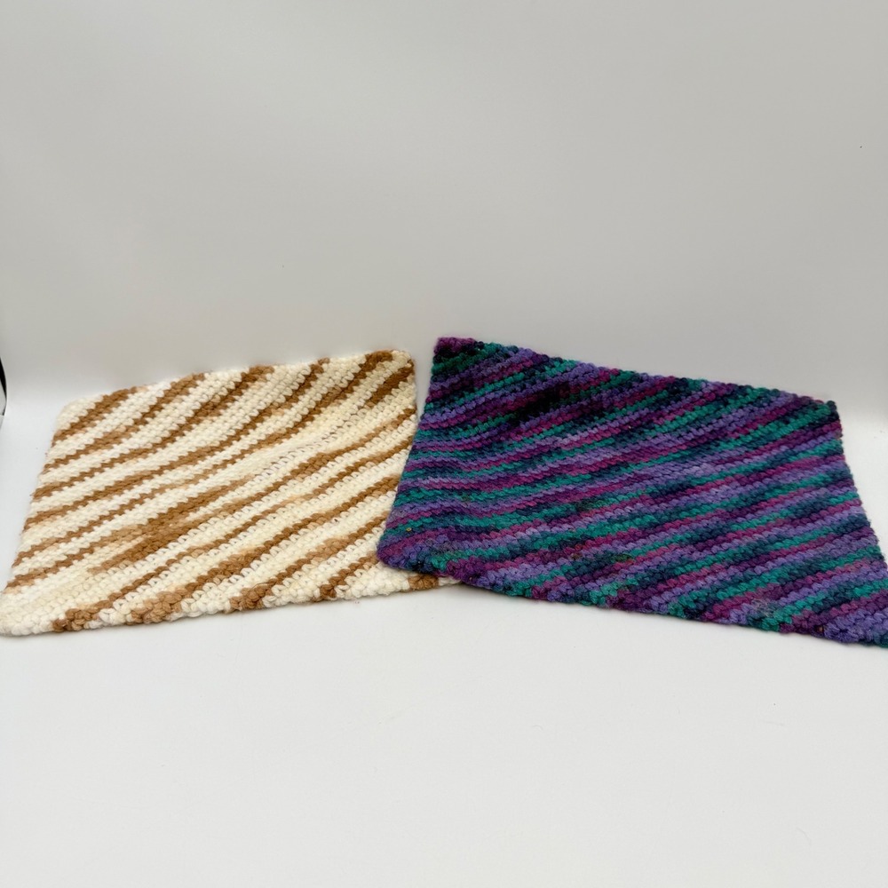 Vintage Handmade Crochet Potholders Set of 2 Striped Tan Purple Retro Kitchen